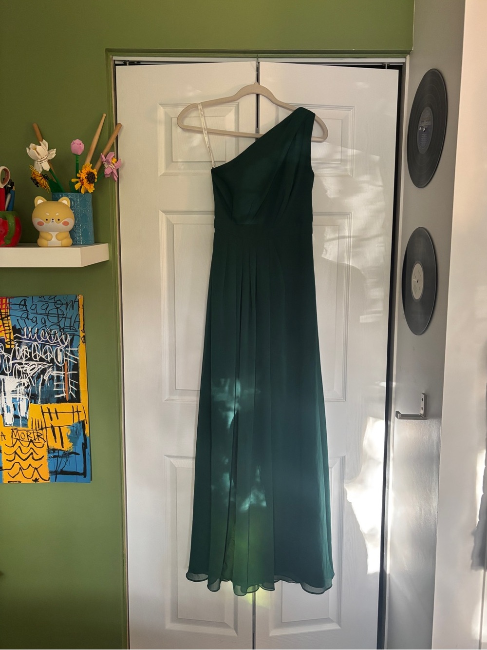 David's Bridal Dark Green One-Shoulder Chiffon Gown